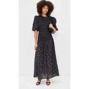 Never Fully Dressed Nara Maxi Dress Black Rose Print Puff Sleeves Shirred 14